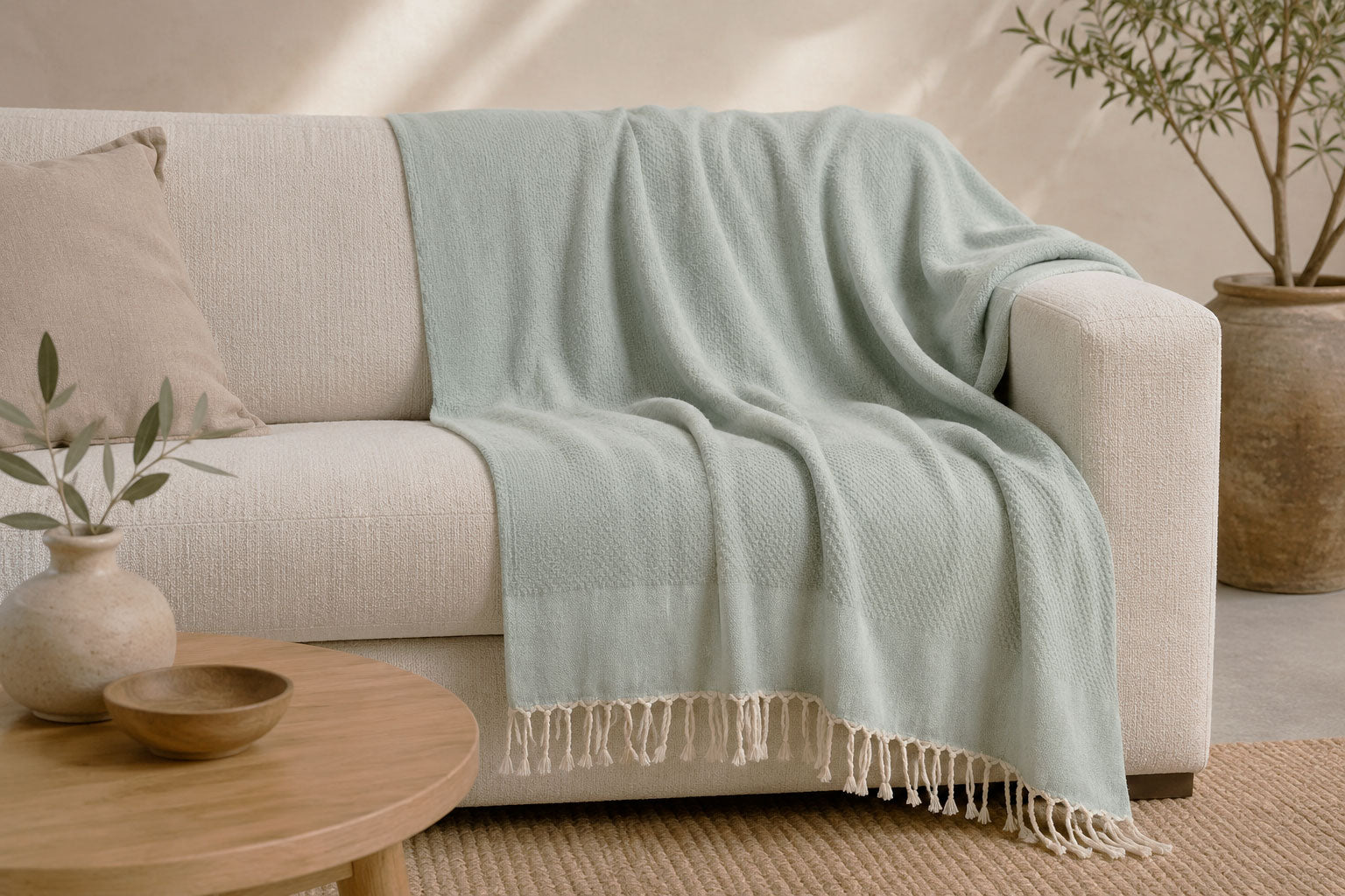 Grand foulard in celadon groen gedrapeerd over een deel van de bank