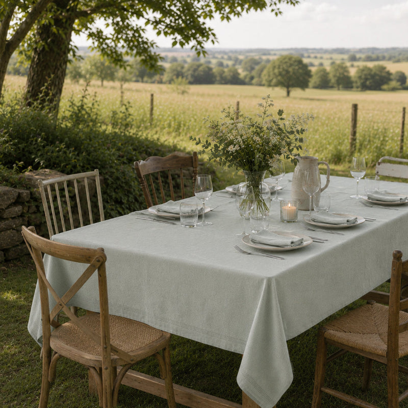 Groen tafellaken met servetten op lange tafel buiten Gerecycled katoen 150x300cm | Lantara