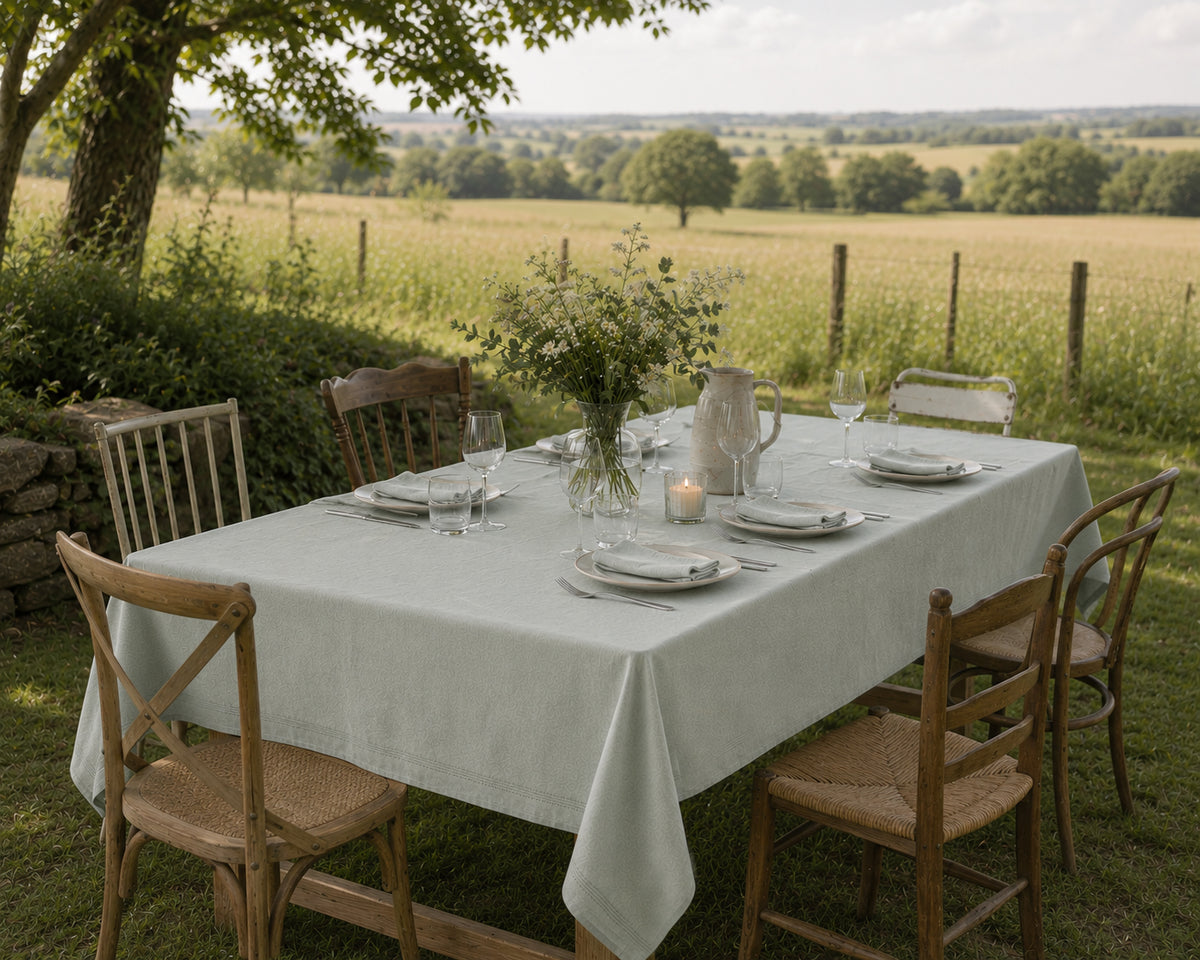 Groen tafellaken met servetten op lange tafel buiten Gerecycled katoen 150x300cm | Lantara