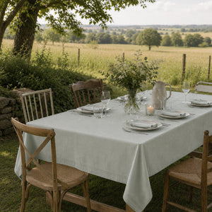 Groen tafellaken met servetten op lange tafel buiten Gerecycled katoen 150x300cm | Lantara