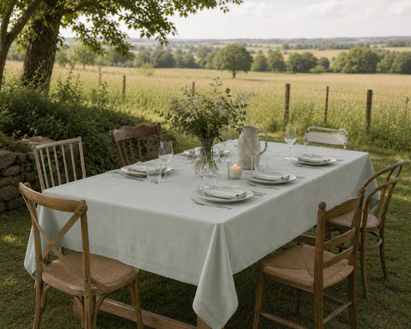 Groen tafellaken met servetten op lange tafel buiten Gerecycled katoen 150x300cm | Lantara