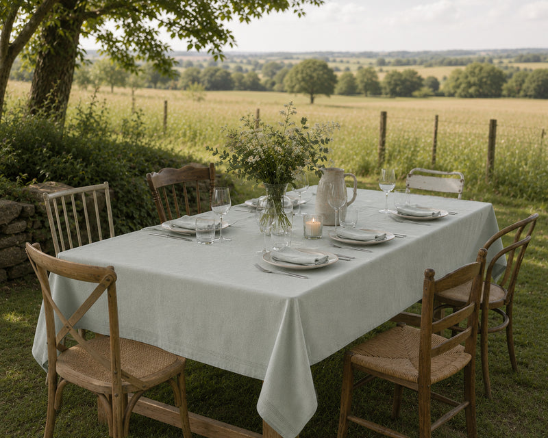 Groen tafellaken met servetten op lange tafel buiten Gerecycled katoen 150x300cm | Lantara